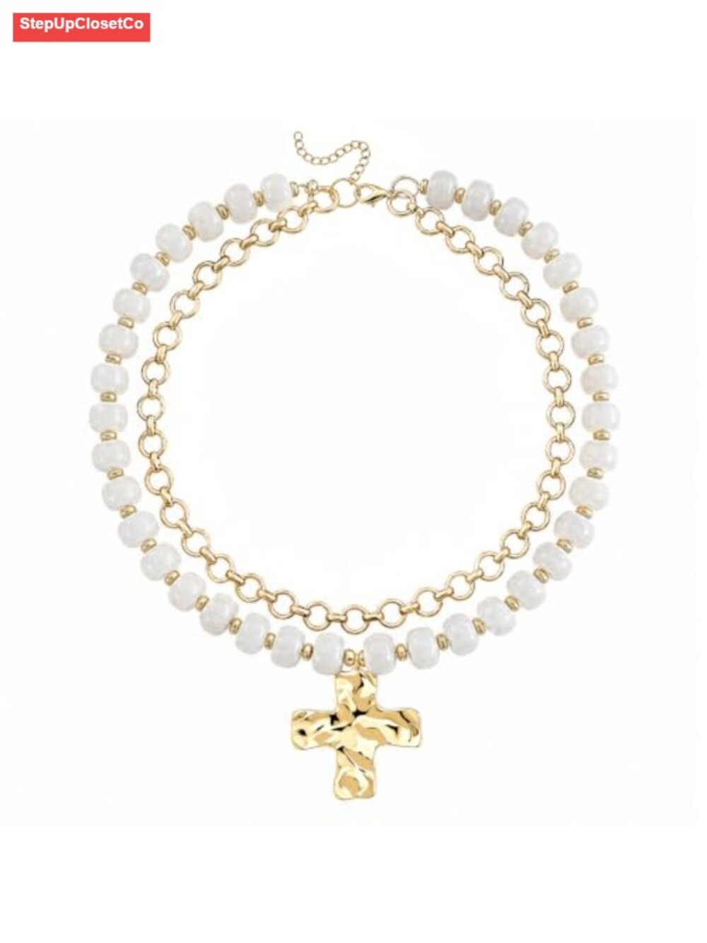 Gold Plated Chunky Beaded Cross Layered Necklace Adjustable Lobster Clasp
